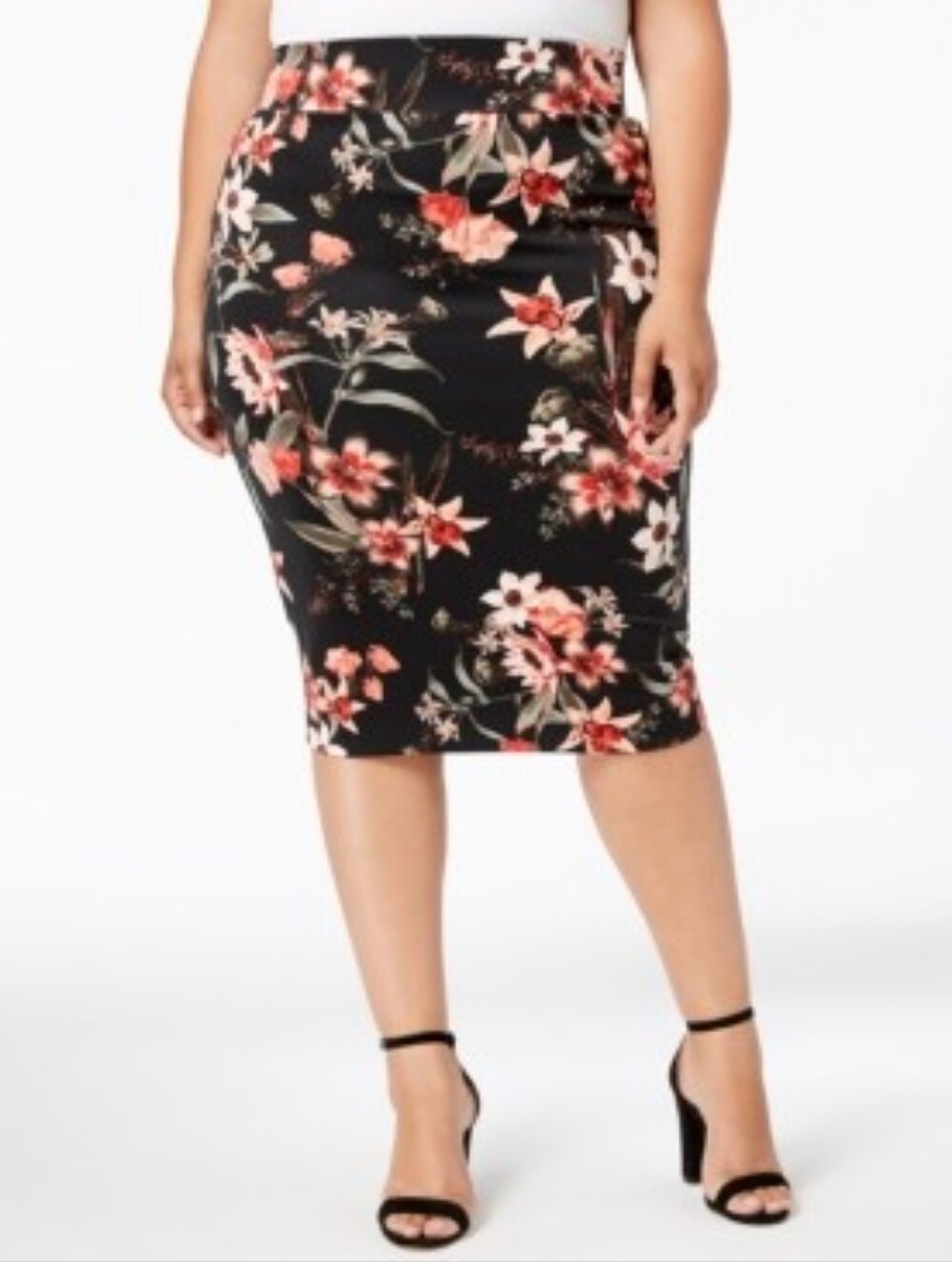 Alfani Floral Stretch Scuba Lined Pencil Skirt -Black w/ Pink Floral Print sz 16